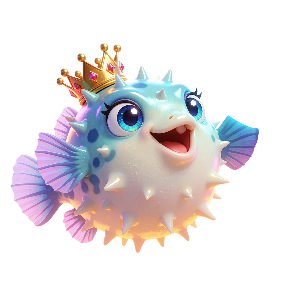 Rybka fugu w koronie z tarczą bezpieczeństwa - maskotka Fugu Casino na stronie o nas
