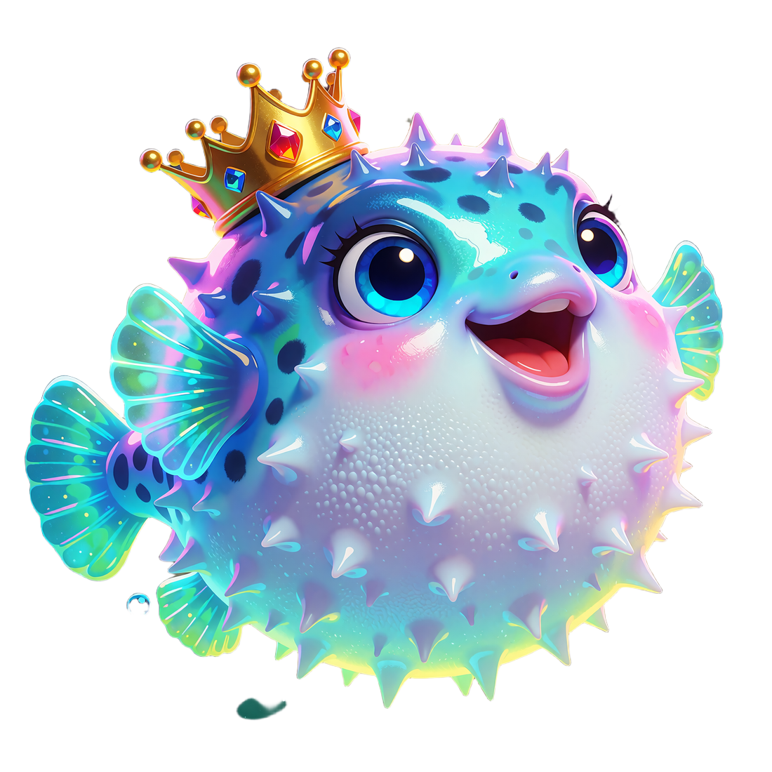 Uśmiechnięta rybka fugu w złotej koronie unosi się w wodzie - maskotka kasyna online Fugu Casino