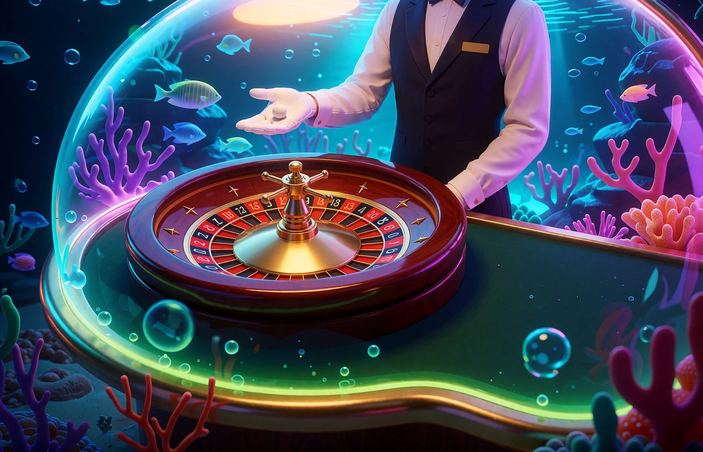 Koło ruletki w szklanej kopule na dnie oceanu i krupier w czarnej kamizelce - kasyno live w Fugu Casino