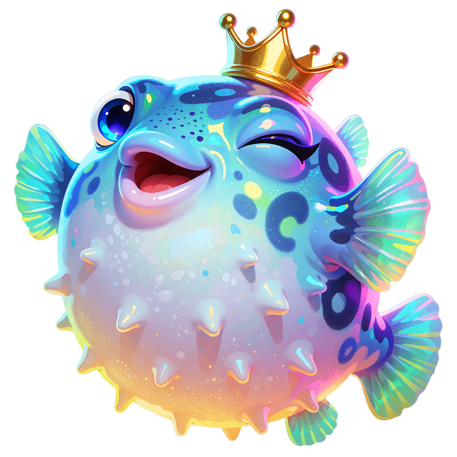 Rybka fugu w koronie macha płetwą i puszcza oko - maskotka programu VIP w Fugu Casino