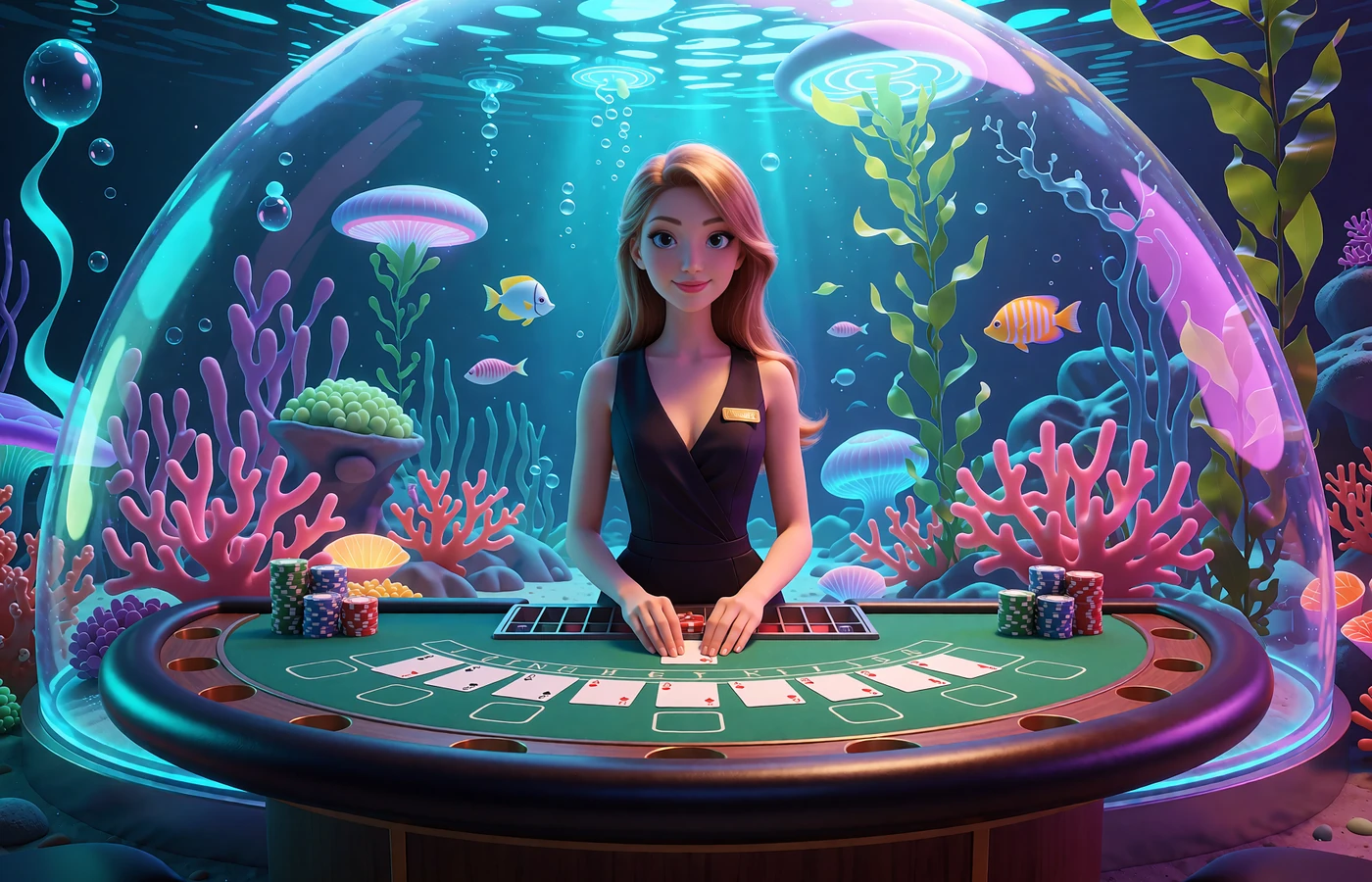 Krupierka przy stole do blackjacka pod szklaną kopułą na dnie oceanu - kasyno na żywo w Fugu Casino