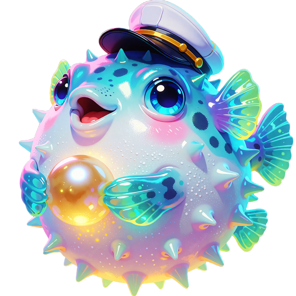 Rybka fugu w granatowej czapce kapitana trzyma świecącą złotą perłę - maskotka bonus&oacute;w Fugu Casino