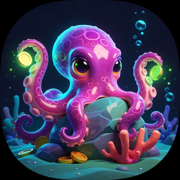 R&oacute;żowy kraken trzymający złote monety - sloty z opcją Bonus Buy w Fugu Casino